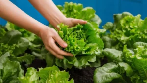 How to grow lettuce at home: Homegrown lettuce in a garden bed with various types of lettuce plants.