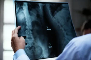 A medical professional reviewing bone scan results on a screen, showing detailed images of a patient's skeletal structure used to diagnose bone issues.