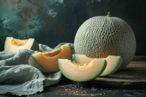 Whole and sliced cantaloupe showcasing cantaloupe health benefits with rich vitamins and minerals.