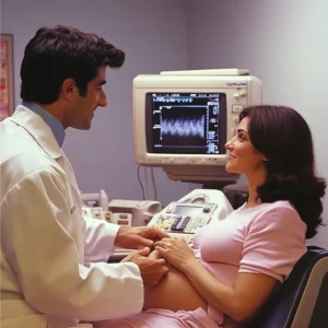 Ultrasound examination procedure showing real-time internal imaging using a handheld transducer, a non-invasive and safe diagnostic method.